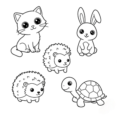 Black and white line art of five cute animals