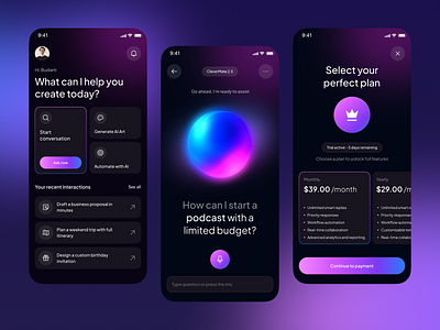 CleverMate — AI Chatbot App ai assistant chatbot clean conversation dark mode design systems figma gradient minimal mobile app pricing productivity prompts subscriptions trial ui ux voice workflow