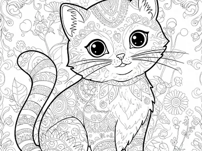 Black and white line art coloring page of a cute, patterned cat