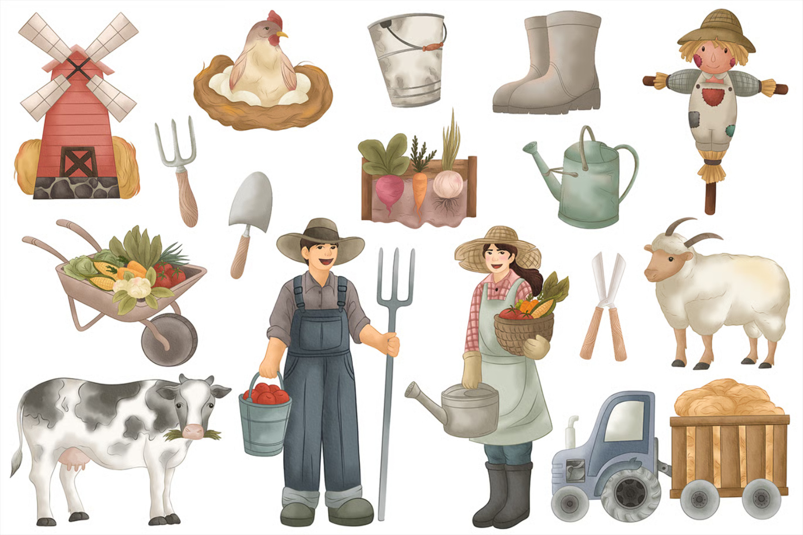 かわいい農家の水彩画セット art asian clipart cuisine food illustration korean market snacks southeast street thai thai pattern thailand tropical watercolor