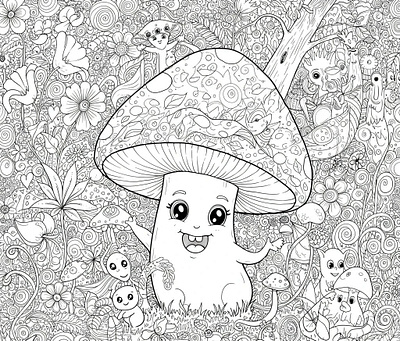 Coloring book illustration of a happy cartoon mushroom