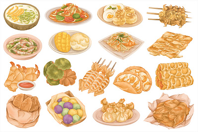 タイの屋台の食べ物の水彩画セット