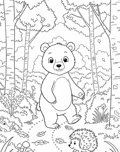 Black and white coloring page of a cute bear