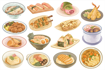 日本の食べ物水彩セット asian bali cuisine indonesia indonesian jajanan jakarta painted pasar snack snacks southeast street surf thailand traditional tropical watercolor