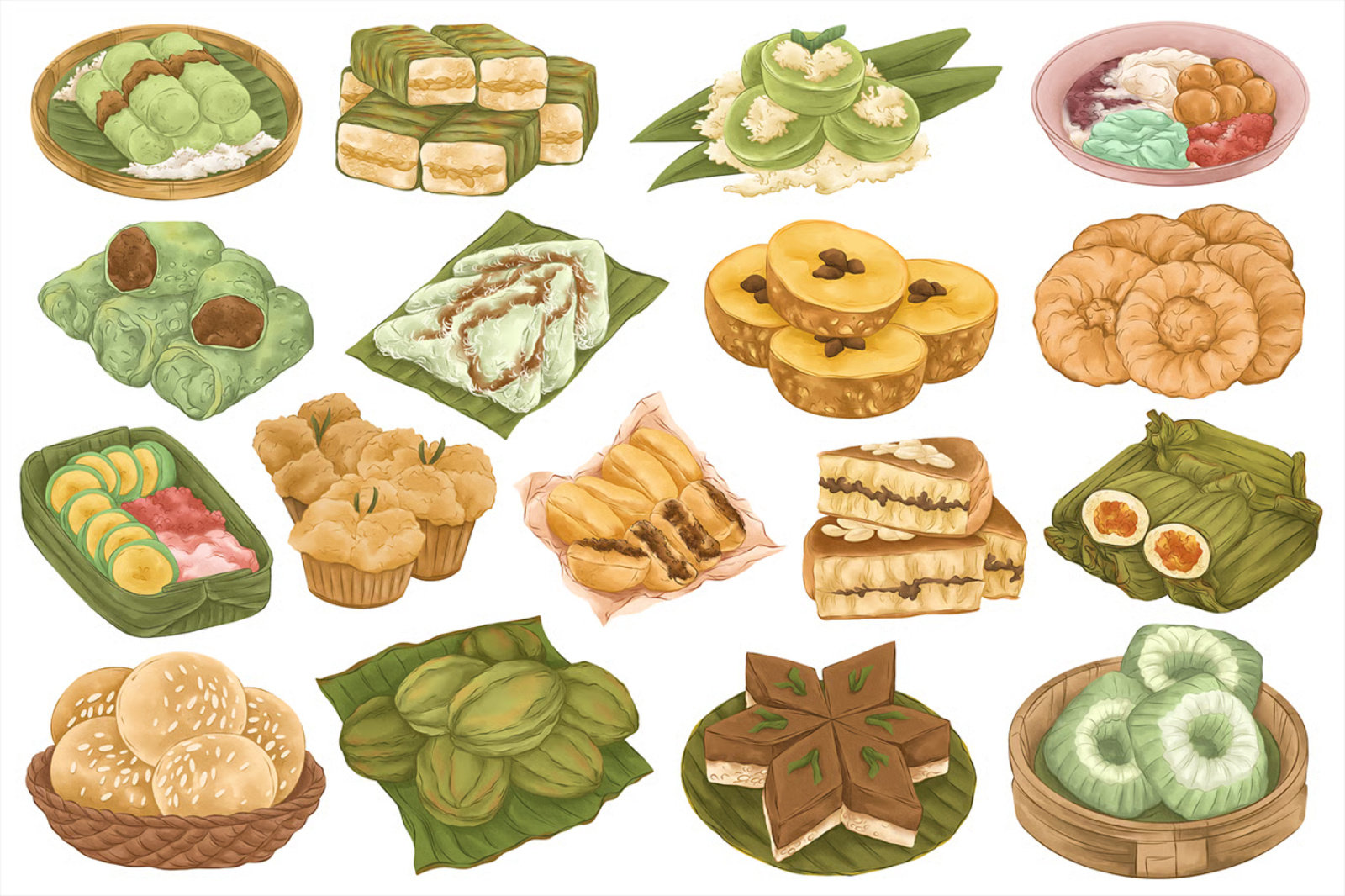 インドネシア市場のスナック水彩画セット 3d pumpkin autumn decorative doodle drawn fall halloween frame halloween party hand illustration jungle maple market october page pine pumpkin retro squashes trendy