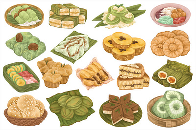 インドネシア市場のスナック水彩画セット 3d pumpkin autumn decorative doodle drawn fall halloween frame halloween party hand illustration jungle maple market october page pine pumpkin retro squashes trendy