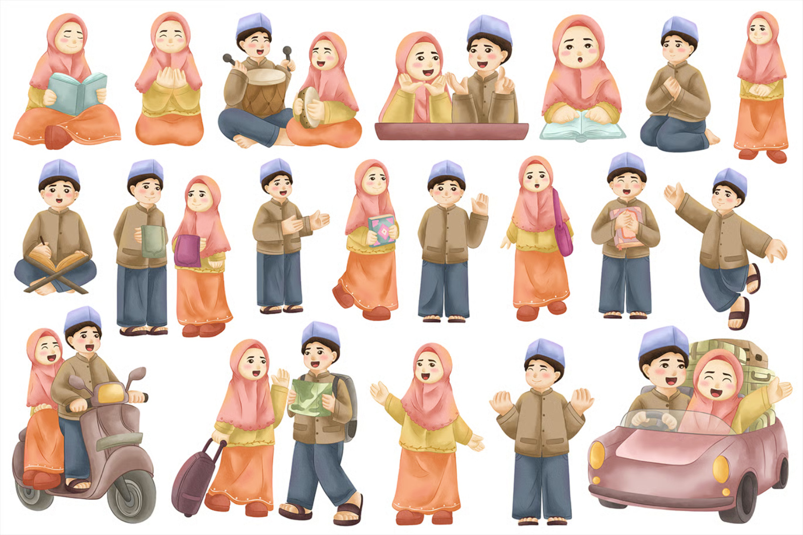 イスラム教徒のキャラクター水彩画セット arabic children education eid festival girl hijab islam islamic islamic elements islamic pattern mubarak muslim quran ramadan reading watercolor