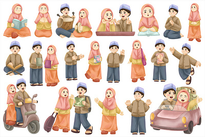 イスラム教徒のキャラクター水彩画セット arabic children education eid festival girl hijab islam islamic islamic elements islamic pattern mubarak muslim quran ramadan reading watercolor