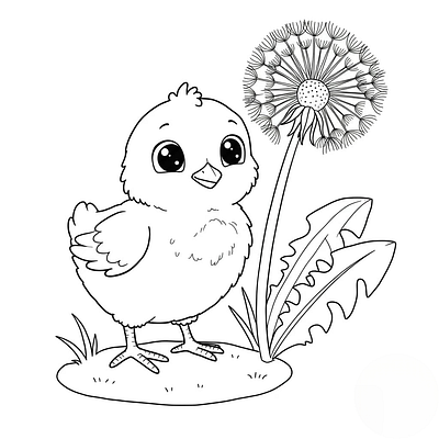 Black and white line art of a cute cartoon chick with big eyes