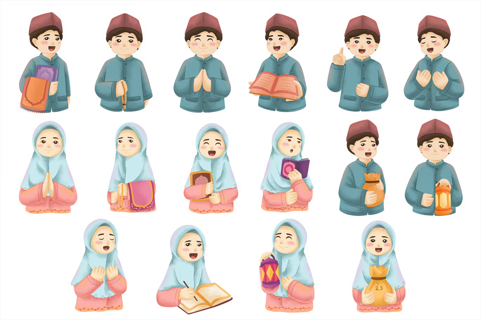 イスラム教徒の子供向けキャラクター水彩画セット