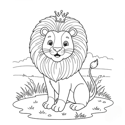Black and white cartoon lion wearing a crown