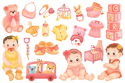 男の子用水彩画セット accessories art baby boy clipart cute elements hand illustration kids newborn nursery painted shower watercolor