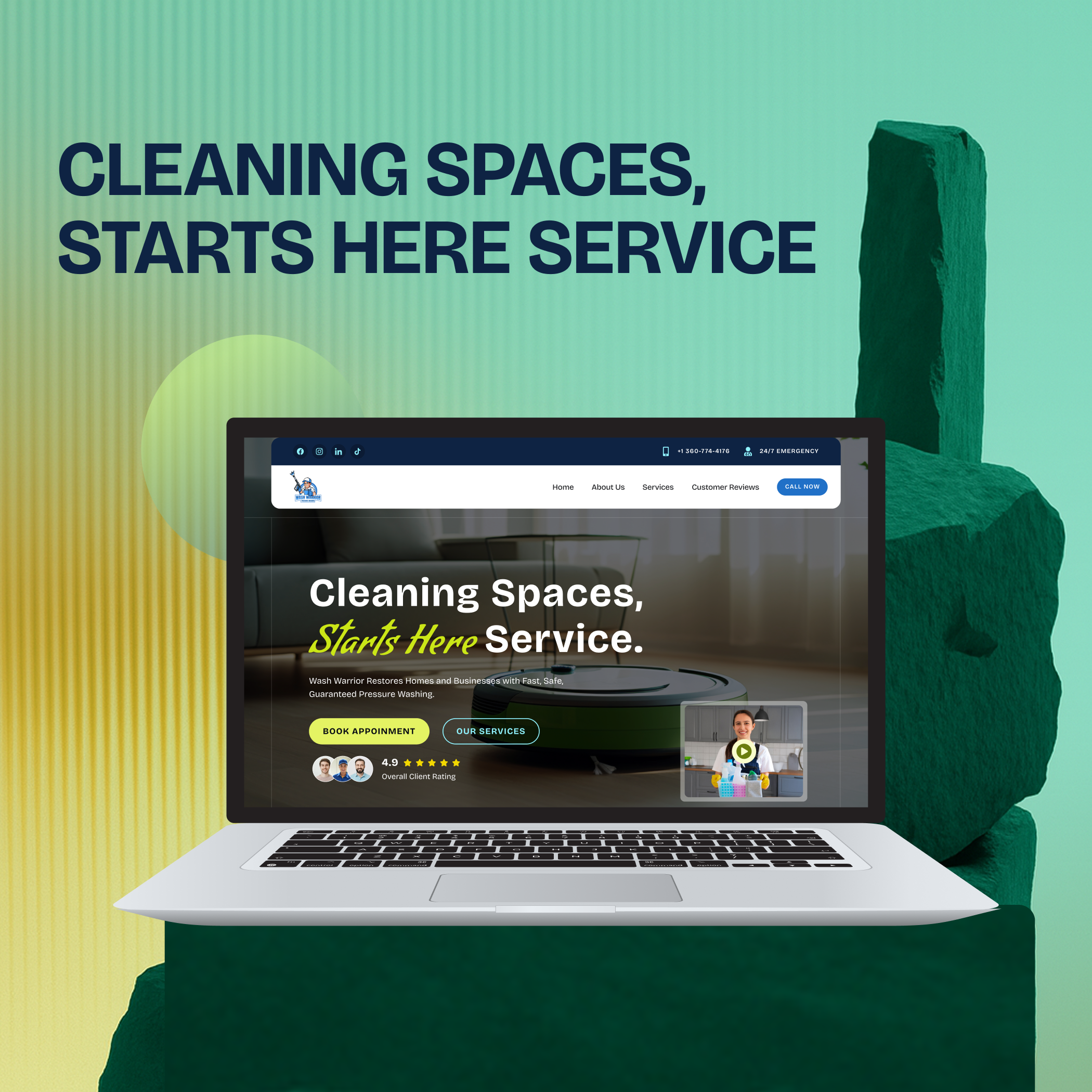 Wash Warrior – Modern Cleaning Service Website Redesign animation best home cleaning branding cleaning company branding cleaning services house cleaning modern cleaning service residential cleaning service industry uiux design web design