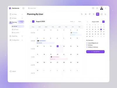 Field Service Dashboard – User Planning Calendar UI calendar design designer dribbble erp fieldservice minimaldesign mobile responsive new event planningdashboard productivityapp saas taskmanagement uiuxdesign webapp
