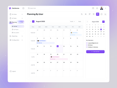Field Service Dashboard – User Planning Calendar UI calendar design designer dribbble erp fieldservice minimaldesign mobile responsive new event planningdashboard productivityapp saas taskmanagement uiuxdesign webapp