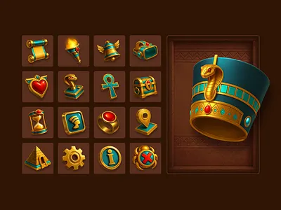 Egypt Style Icon Set ai bell box branding casium cgi chest digital art egypt game game design headdress icon icon design icon set illustration pyramid ring stars treasure