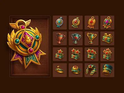 Egypt Style Icon Set ai ai illustration award box casium cgi chest cup digital art egypt game game design headdress icon icon design icon set illustration medal stars treasure