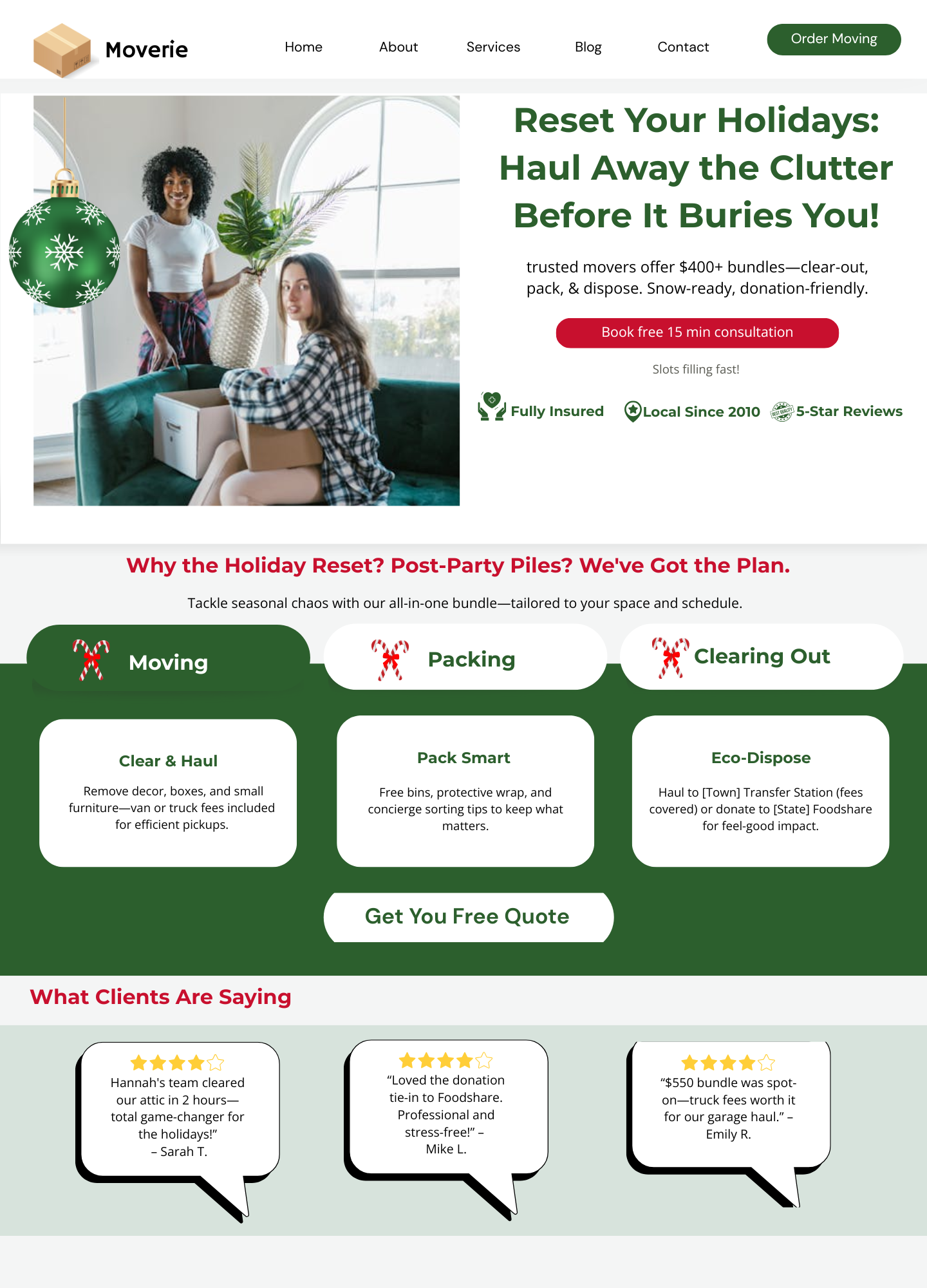Moverie - Festive UI Landing Page cleanout clutter removal consultation cta hero section holiday campaign landing page modern design moving service packing service seasonal design ui design ux web design