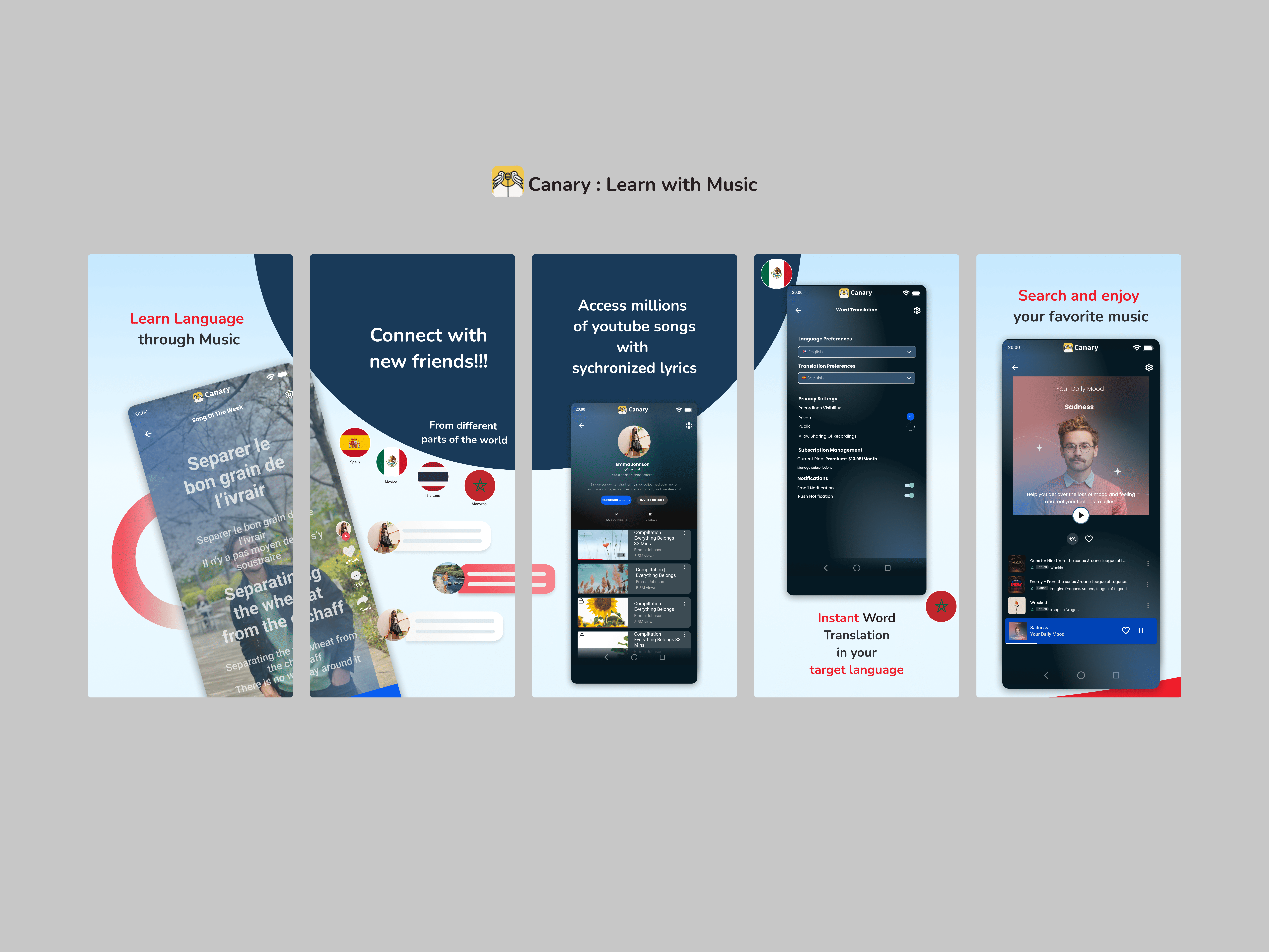 Canary: Learn with Music app store screenshot redesign app store screenshot app ui bilingual dark mode edtech friends feature language learning learning with music mobile app modern ui music app social learning song lyrics ux design word translation