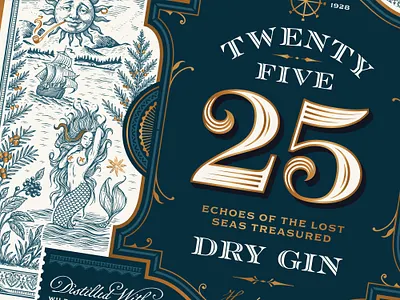25 Gin label detail brand identity branding distillery gin graphic design hand drawn illustration label label design nautical packaging design ship sirene sun vintage