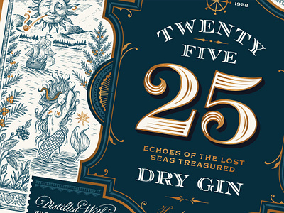 25 Gin label detail brand identity branding distillery gin graphic design hand drawn illustration label label design nautical packaging design ship sirene sun vintage