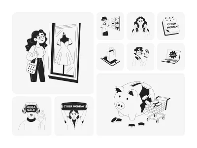 Shopping Illustrations Bundle art artwork black friday buy character concept art cyber monday delivery digital art doodle ecommerce graphic design hand drawn illustration marketplace print purchase retail shopping vector