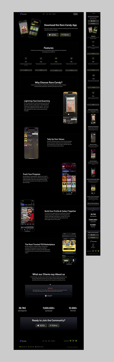 Rare Candy - Landing page design app landing page card collection collectibles app community app dark mode dashboard design feature highlights gamification marketplace ui mobile app ui modern ux product page scan functionality tcg design user profile
