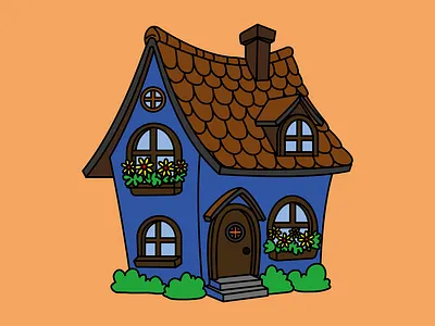 Cozy Blue Cartoon House Illustration with Flowers and Brown Roof blue house brown roof cartoon architecture cartoon house childrens illustration colorful home cozy home cute cottage cute house design fairy tale house fairytale cottage fantasy art fantasy building flower window box home exterior small house illustration storybook house vector house warm colors whimsical architecture