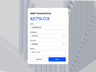 Finance SaaS | WebApp Modal Design add trasaction app interface banking app blue accent clean design dashboard design figma design finance saas fintech holelore minimal ui modal ui modern layout overly product design saas dashboiard ui inspiration ux design web ui webapp design