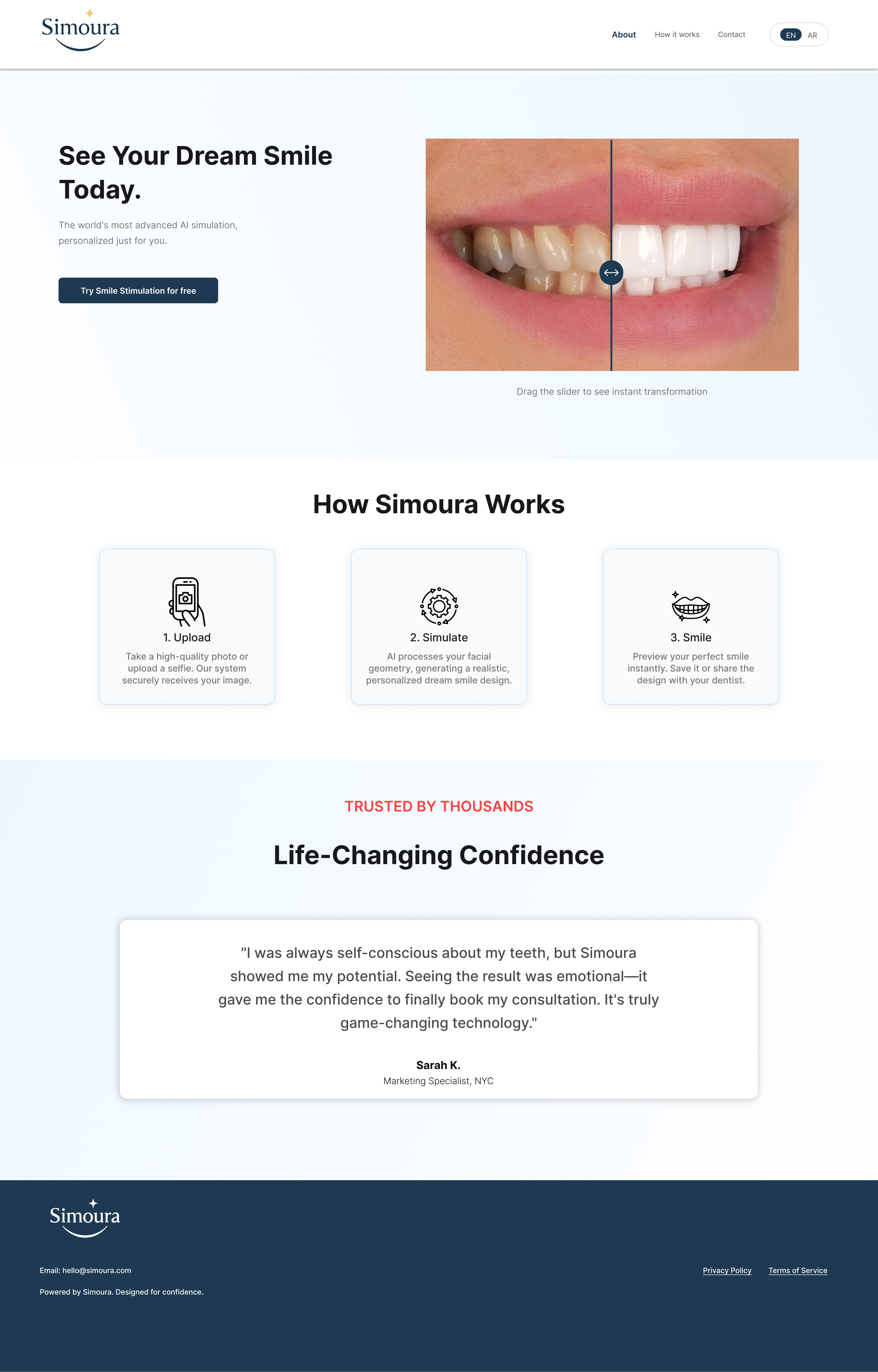 Simoura - smile simulation landing page design ai design before after clean ui client testimonial dental tech healthcare ui hero section landing page minimal design modern ux product demo smile simulation web design