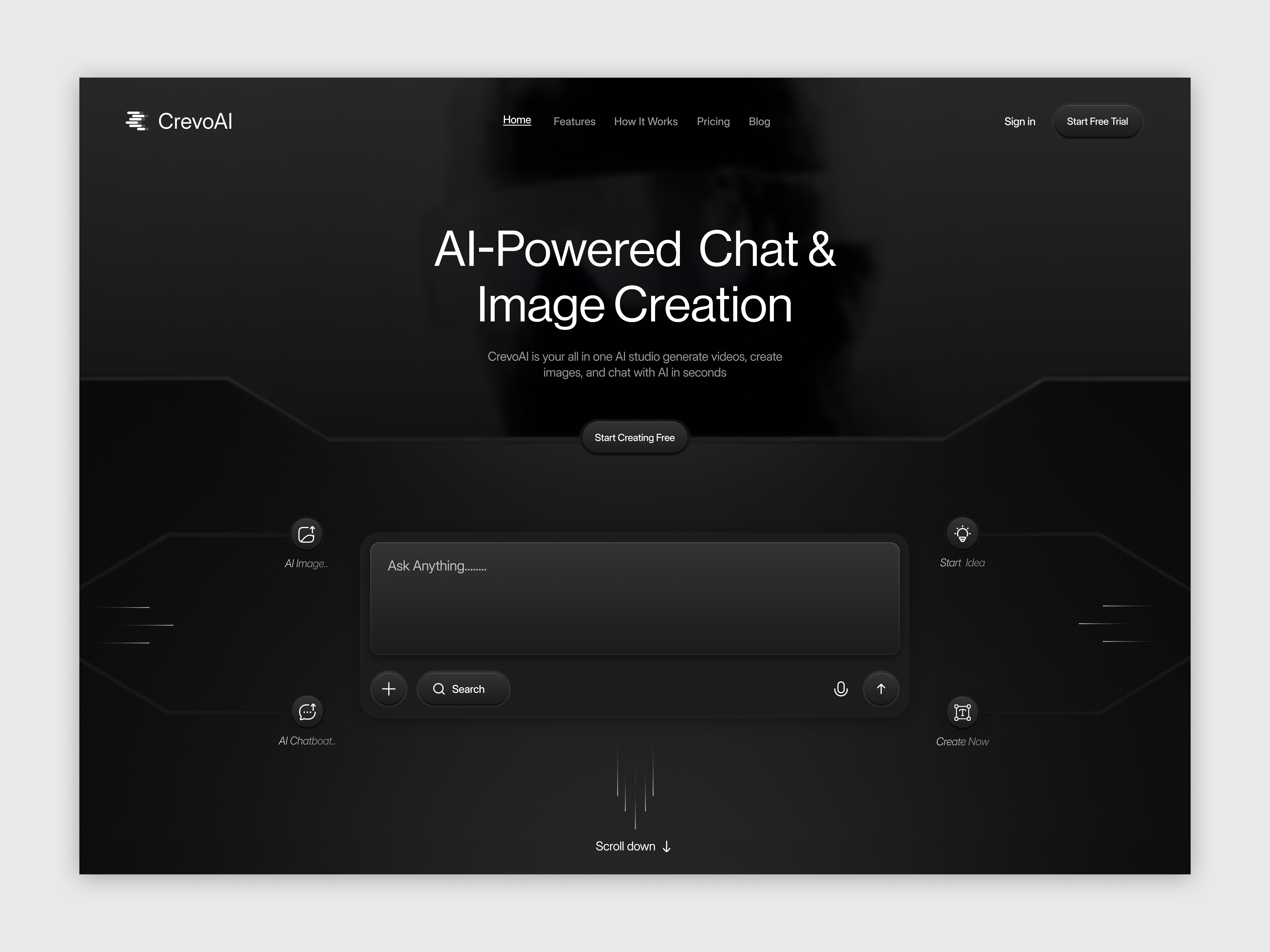 CrevoAI - AI Powered Website Design ai assistant artifical intelegence chat chatbot dark mode design hero section image creation minimalist product design text to image web web app design web design website