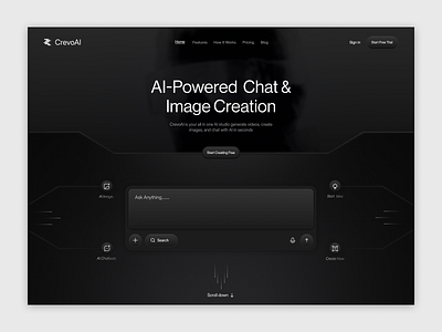 CrevoAI - AI Powered Website Design ai assistant artifical intelegence chat chatbot dark mode design hero section image creation minimalist product design text to image web web app design web design website