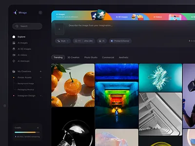 Mirage - AI image generation dashboard design ai ai design ai image generate ai image generation idea b2c backswitch clean design component design cool design dashboard ui digital product exploration figma futuristic design image generation design layout modern design ui ux