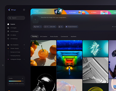 Mirage - AI image generation dashboard design ai ai design ai image generate ai image generation idea b2c backswitch clean design component design cool design dashboard ui digital product exploration figma futuristic design image generation design layout modern design ui ux