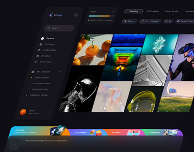 Mirage - AI image generation dashboard component design ai ai design ai image generate ai image generation idea b2c backswitch clean design component design cool design dashboard ui digital product exploration figma futuristic design image generation design layout modern design ui ux
