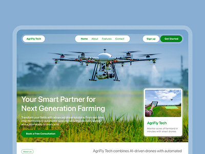 AgriFly Tech — Smart Drone Farming Landing Page Design agricultural website agriculture agriculturetech ai drone drone website greenwebsite landingpage minimal design modernweb smartfarming uiux webdesign