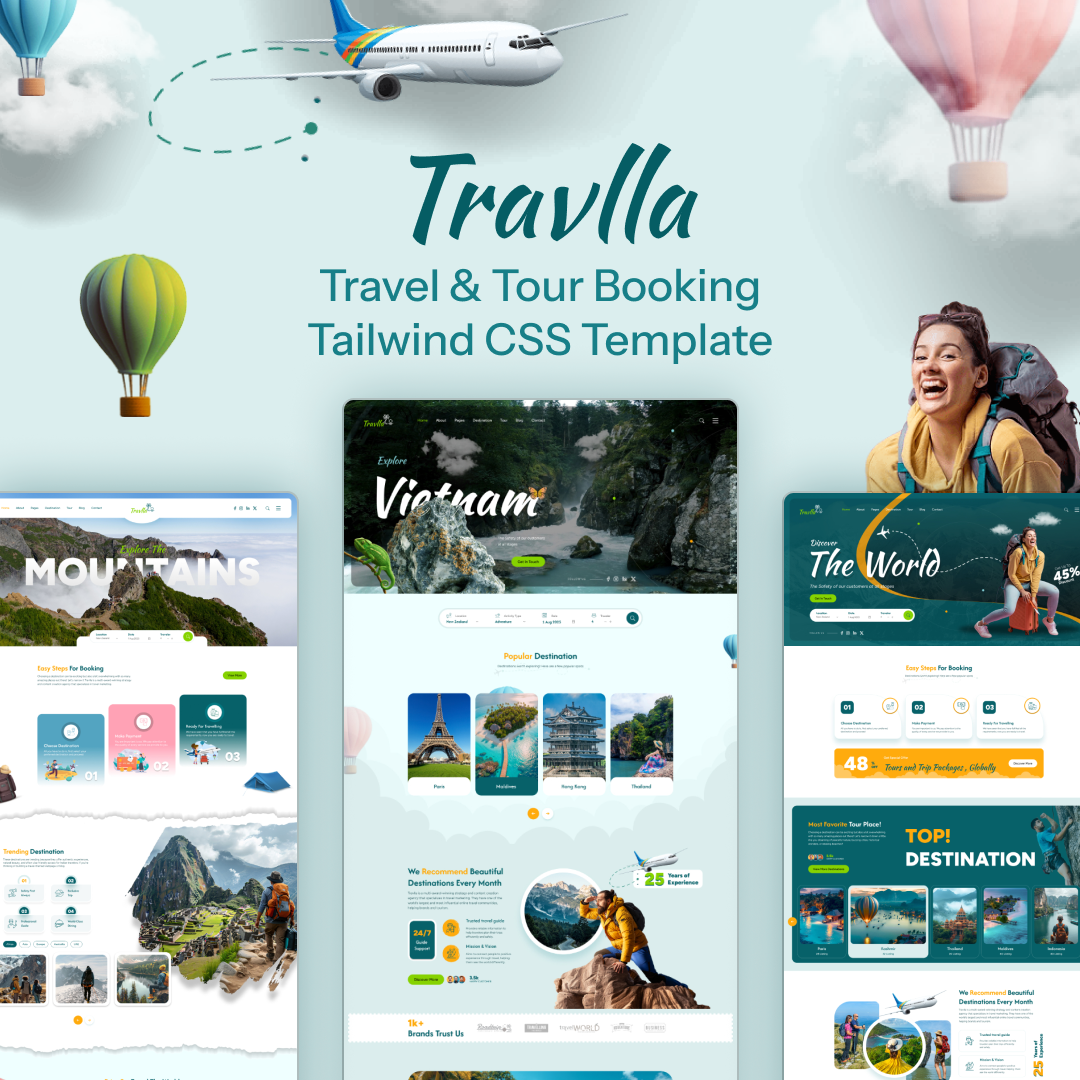 Travlla - Travel & Tour Booking Tailwind CSS Template branding creative design illustration logo product design template ui uiux website