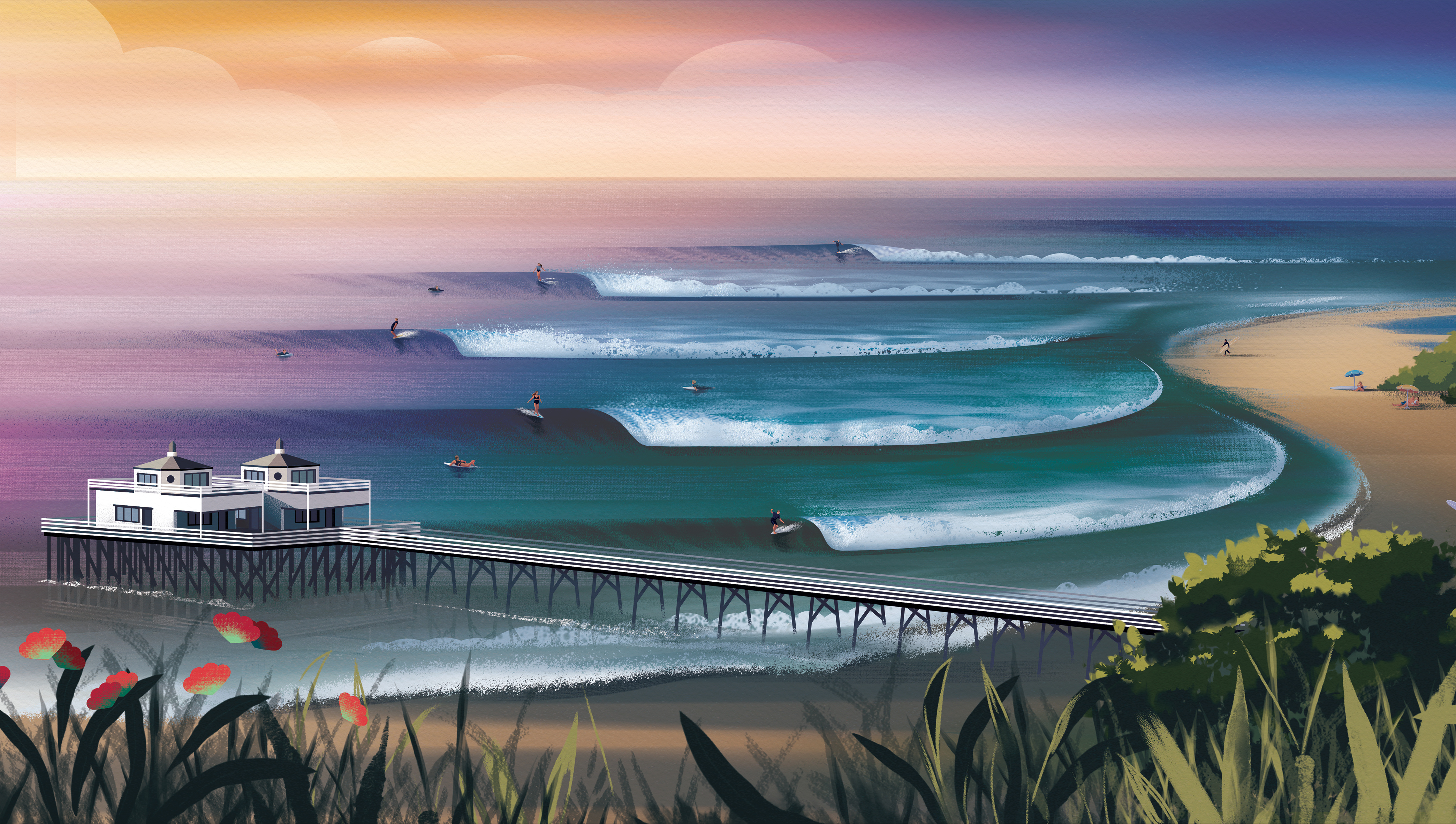 Malibu, CA beach colorful flowers illustration lifestyle nature ocean pier sunset surfboard surfer surfing texture view wave