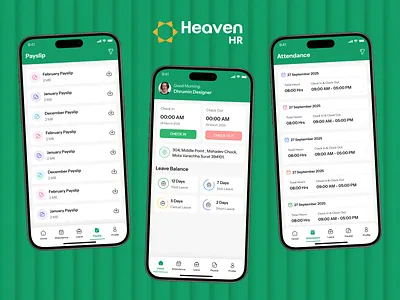 Heaven HRMS App app design attandance mobile app attendance management case study clock out cloeck in creative design emplyoee app heaven hrms app hr management hr system hrms uikits minimal design mobile app payroll mobile app project management task management time tracking ui ux design