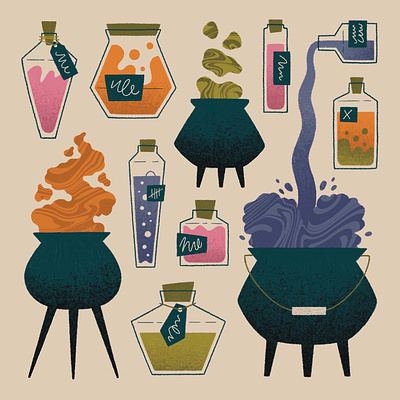 Potions & Brews bottles design halloween illustration illustrator potions procreate texture