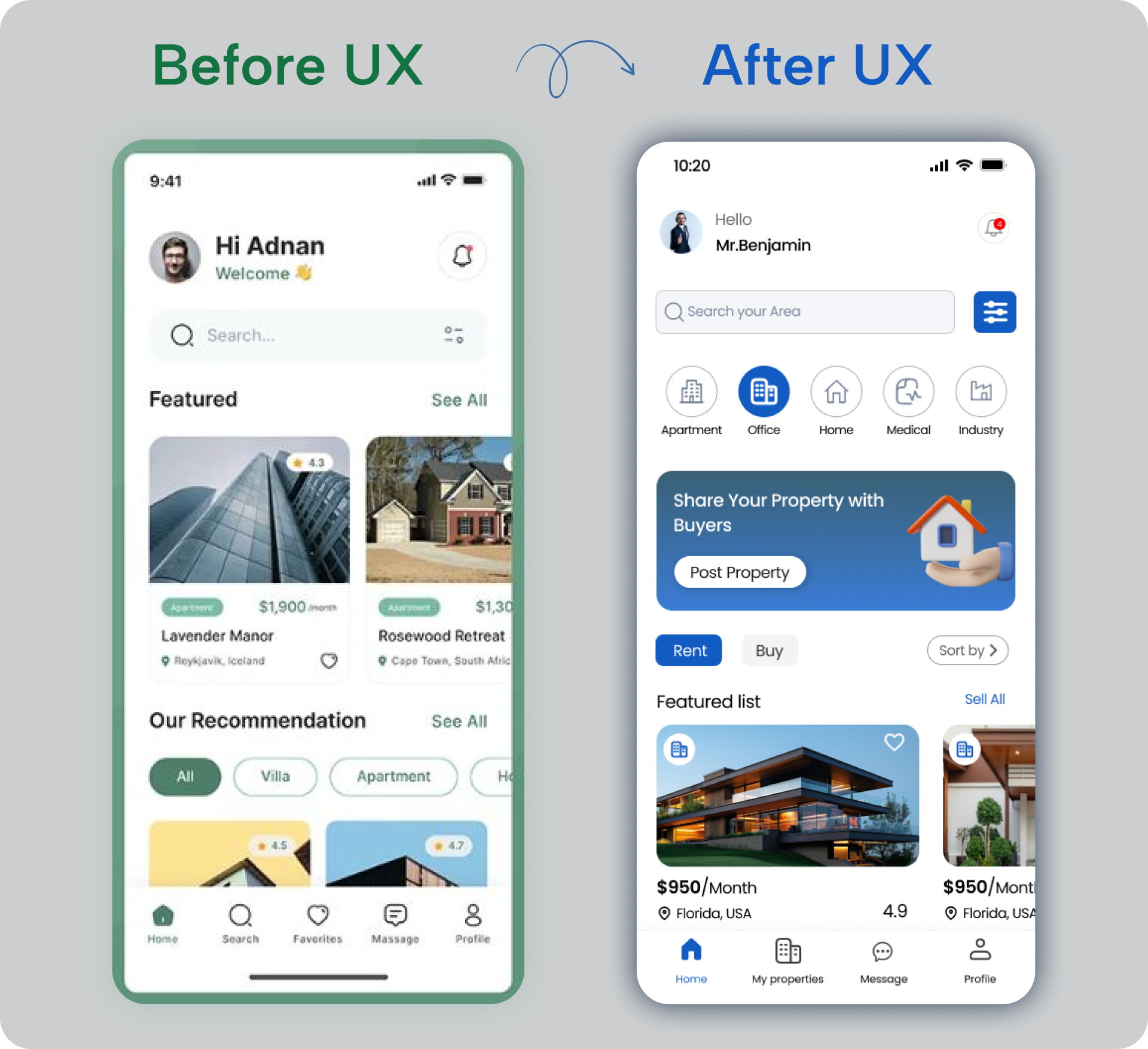 Real Estate Mobile App Redesign | App UI Case Study before vs after uiux branding design figma graphic design illustration landing page mobile app property app ui ux real estate app case study real estate app ui design reale estate ui ui designer ui ux design for real estate app uiux uiux designer