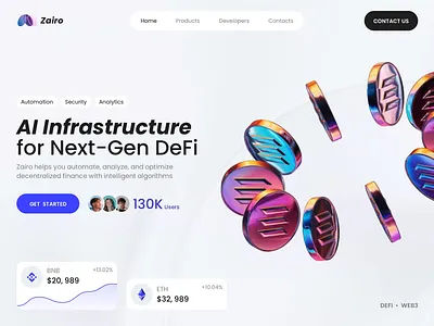 DeFi Landing Page | Web3 Platform Design | Crypto | Blockchain ai infrastructure ai powered finance animation crypto platform crypto token crypto trading decentralized finance defi platform financial analytics fintech landing page landing page design modern design product design responsive design trading trading platform ui ux web design web interface design web3