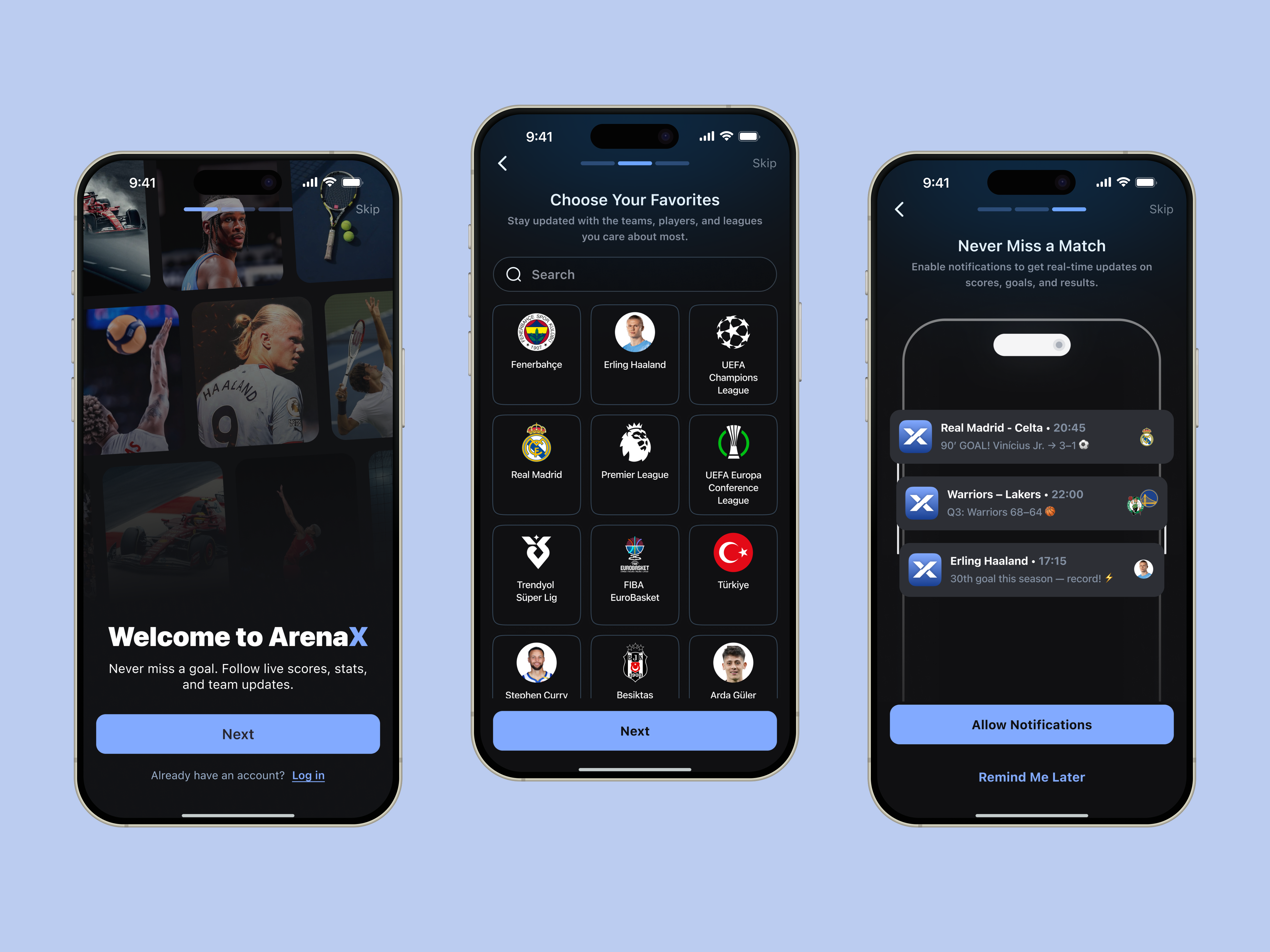 ArenaX – Live Score App Onboarding UI appdesign arenax basketballapp darkui designsystem dribbbleshot footballapp iosdesign livescoreapp mobileui onboardingflow productdesign sportsapp uiux uxdesign