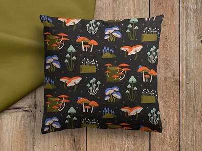 Magic Mushrooms (not like that…) cushion foliage illustration illustrator magic mushrooms nature pattern pattern design spooky surface pattern design woodland