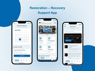Restoration — Recovery Support App app app design app redesign branding mobile app modern app restoration app ui ui ux uiux user experience user friendlly app ux