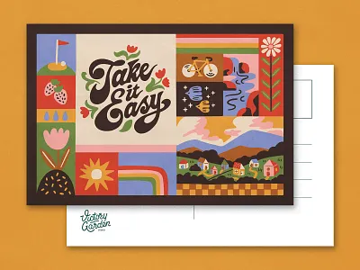 Take it Easy Postcard bike bird chill community design flower handmade illustration lettering mountain nature postcard rainbow strawberry sun take it easy texture type typography