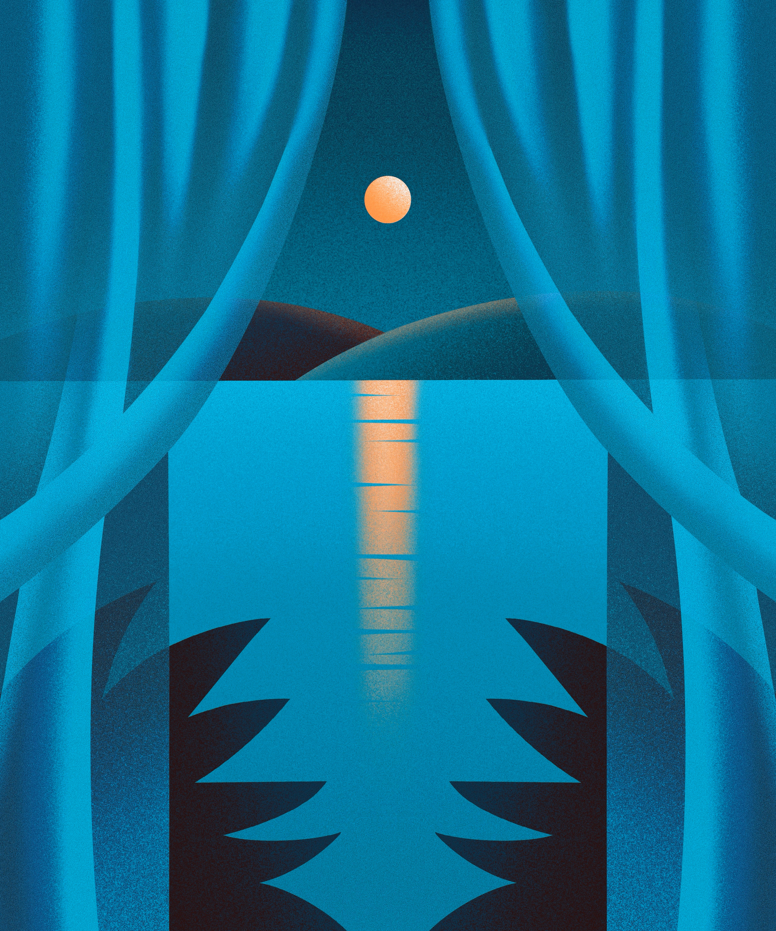 Sheer Curtain Threshold Illustration art curtain dark dream dreamscape dreamy editorial illustration lake landscape minimal moon moonlight night river sea surreal symmetrical symmetry water