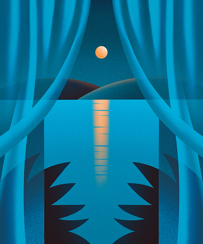 Sheer Curtain Threshold Illustration art curtain dark dream dreamscape dreamy editorial illustration lake landscape minimal moon moonlight night river sea surreal symmetrical symmetry water