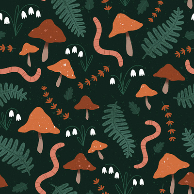 Earthy Garden Pattern autumn colourful foliage garden illustration illustrator leaves mushrooms nature pattern pattern design print sketch surface pattern design worms