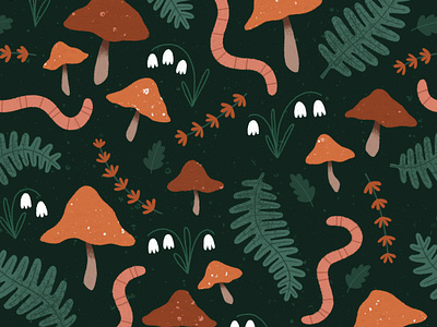 Earthy Garden Pattern autumn colourful foliage garden illustration illustrator leaves mushrooms nature pattern pattern design print sketch surface pattern design worms